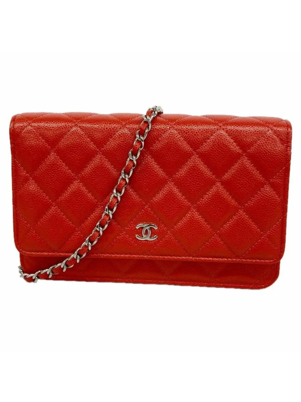 Chanel Wallet on Chain Quilted Caviar Leather Red Silver Shoulder Bag